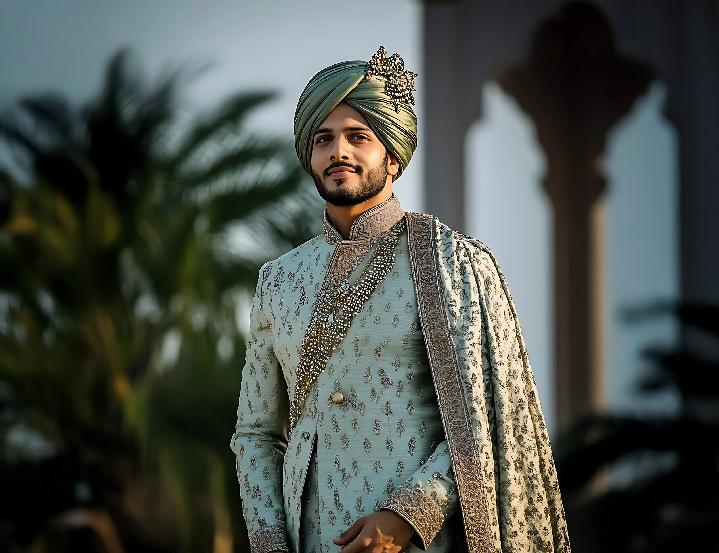 Stylish Indian groom in a pastel green embroidered sherwani with matching turban and ornate brooch, posing confidently outdoors in a regal setting.